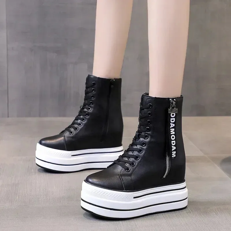 Amozae-White Trendy Boots Women High Top Sneakers Platform Zip Ankle Boots Femme Chaussures Femmes Height Increase Outdoor Sports Shoes