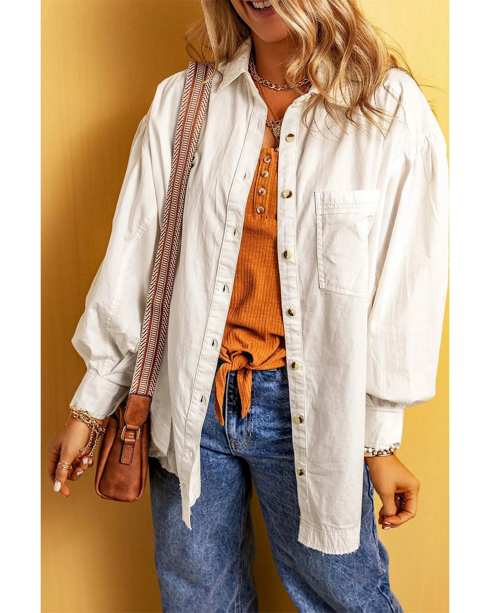 Azura Exchange White Bubble Sleeve Pocketed Shirt - L