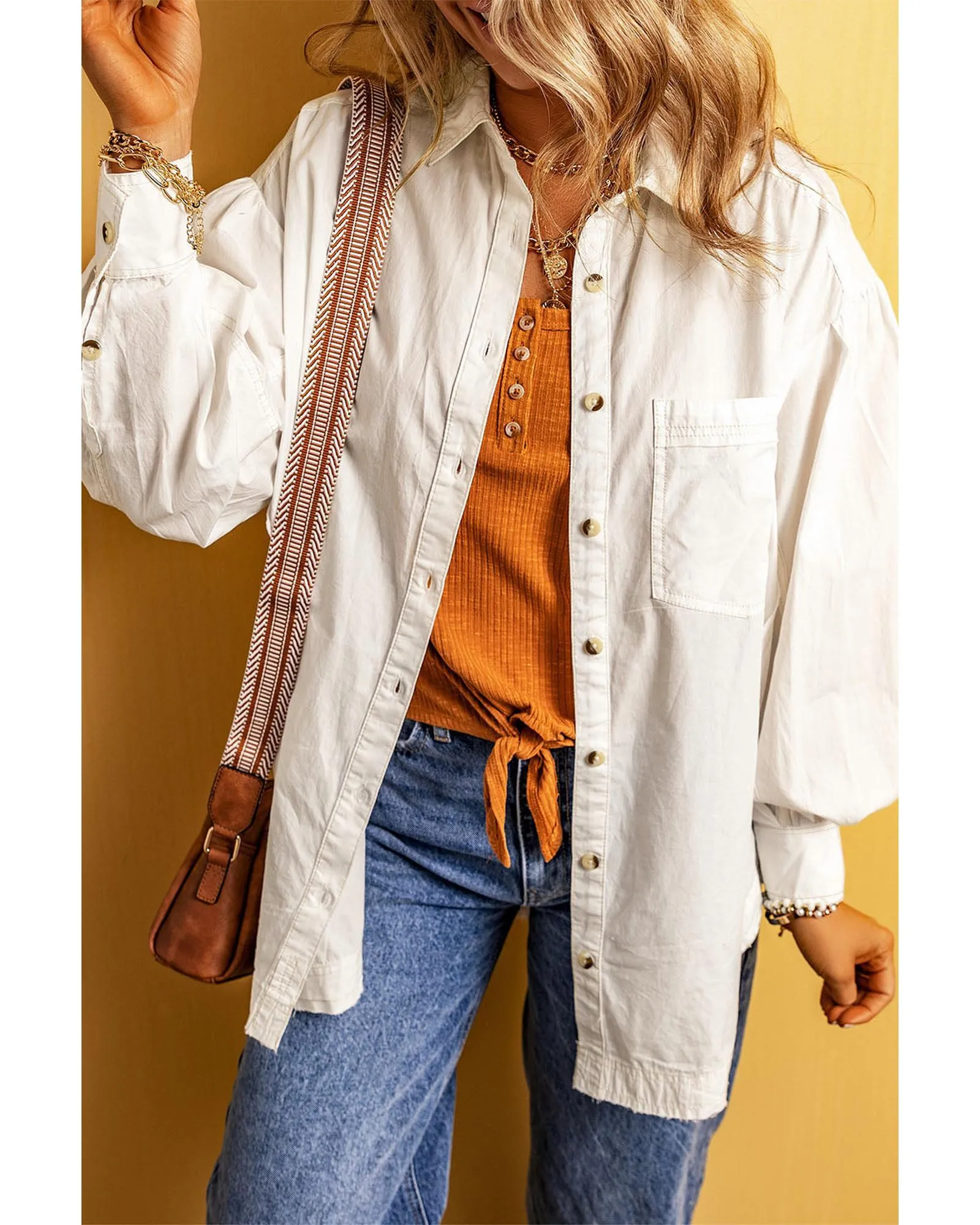 Azura Exchange White Bubble Sleeve Pocketed Shirt - L