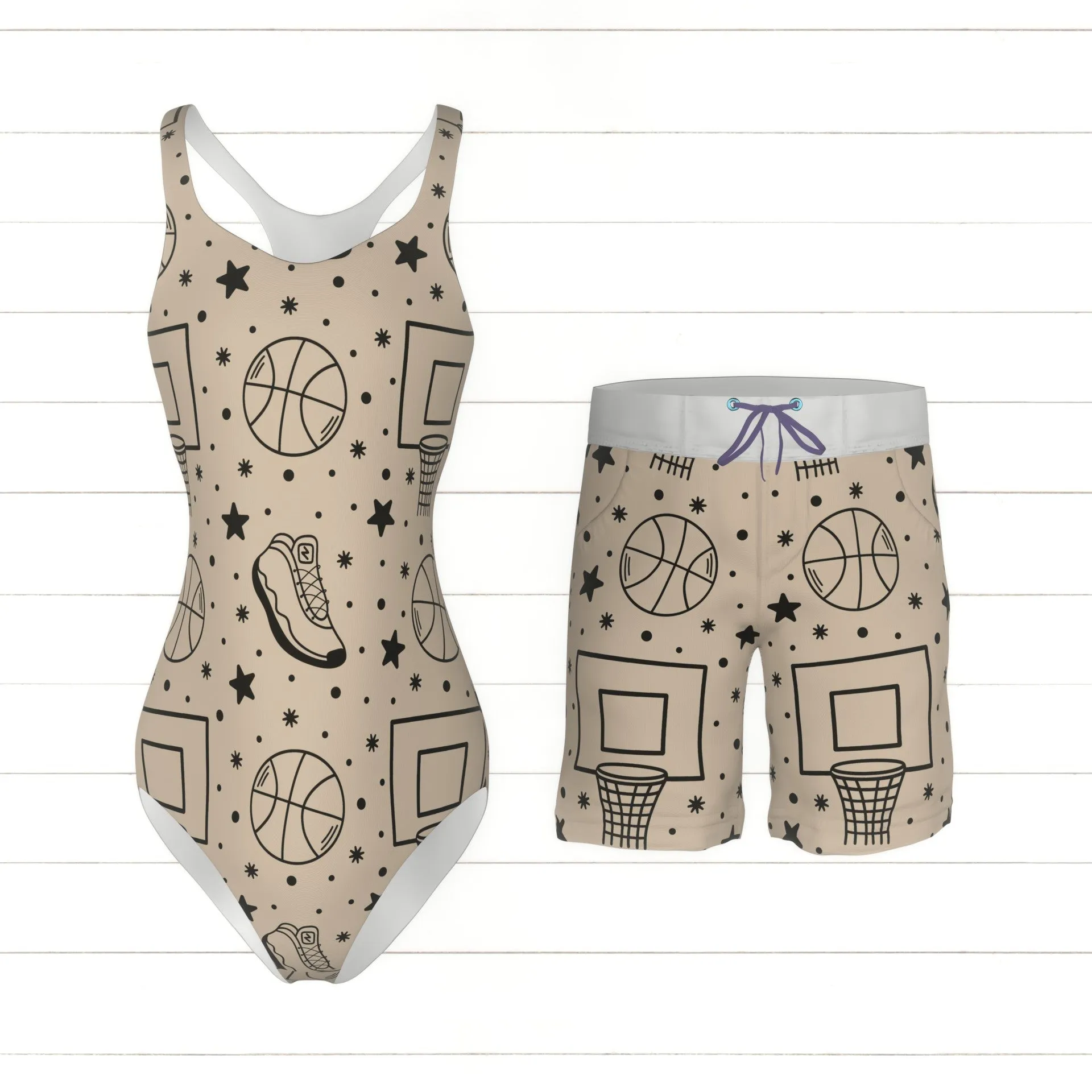Basketball Boards, Balls, Rings, and Sneakers Line Art Doodles on Beige