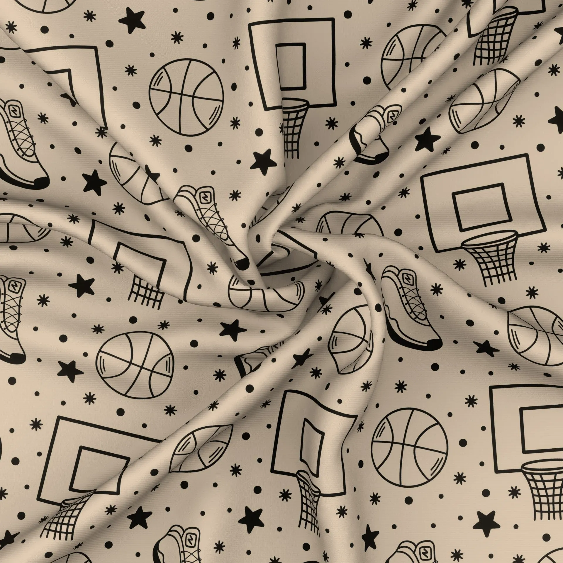 Basketball Boards, Balls, Rings, and Sneakers Line Art Doodles on Beige