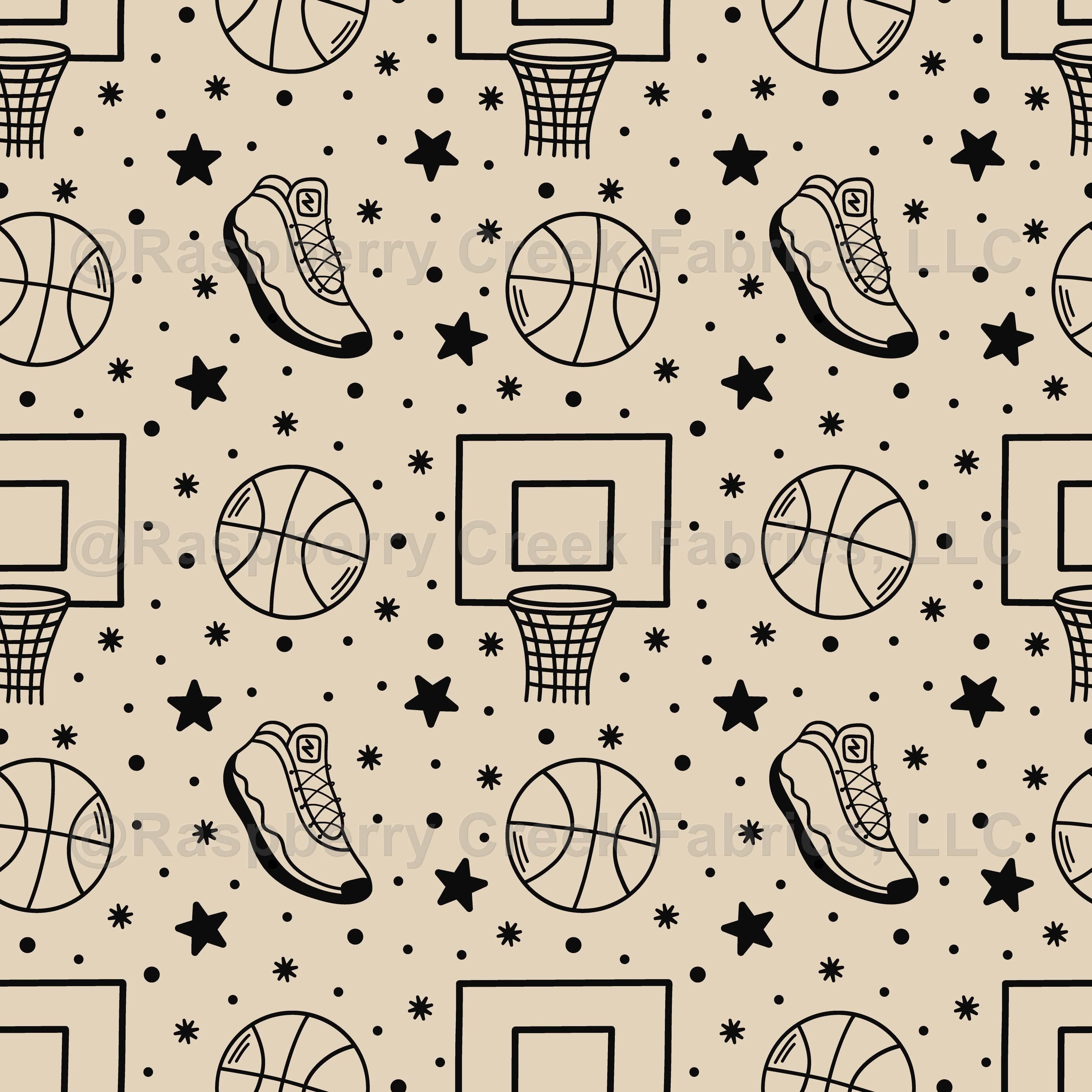 Basketball Boards, Balls, Rings, and Sneakers Line Art Doodles on Beige