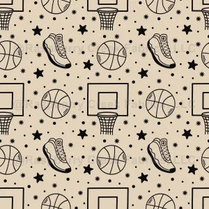 Basketball Boards, Balls, Rings, and Sneakers Line Art Doodles on Beige