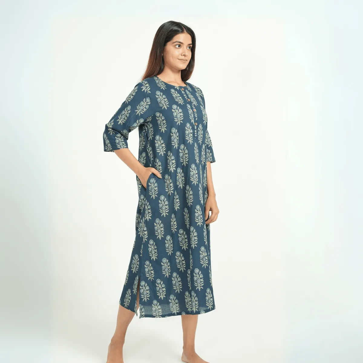 Blue Cotton Big Butta Printed Maternity Dress – Short Nightie