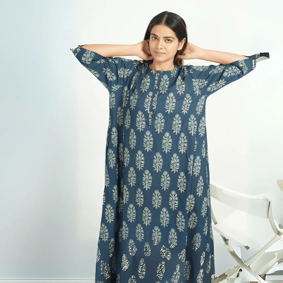 Blue Cotton Big Butta Printed Maternity Dress – Short Nightie