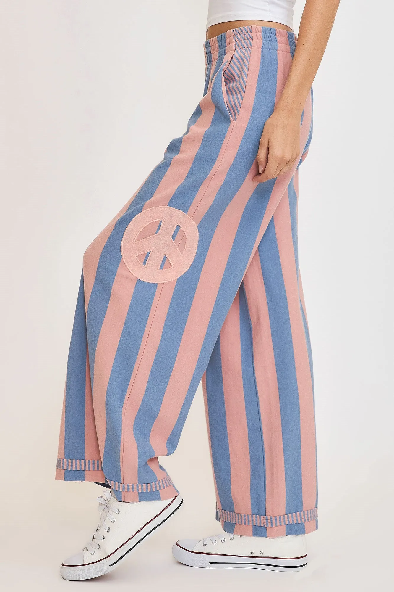 Dusty Blue Peace Sign Patch Striped Wide Leg Pants