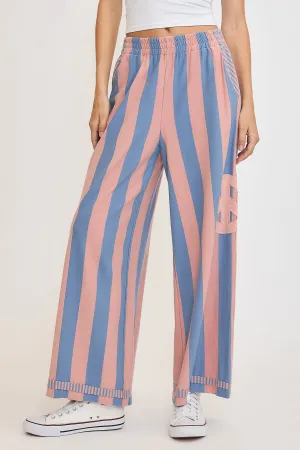 Dusty Blue Peace Sign Patch Striped Wide Leg Pants