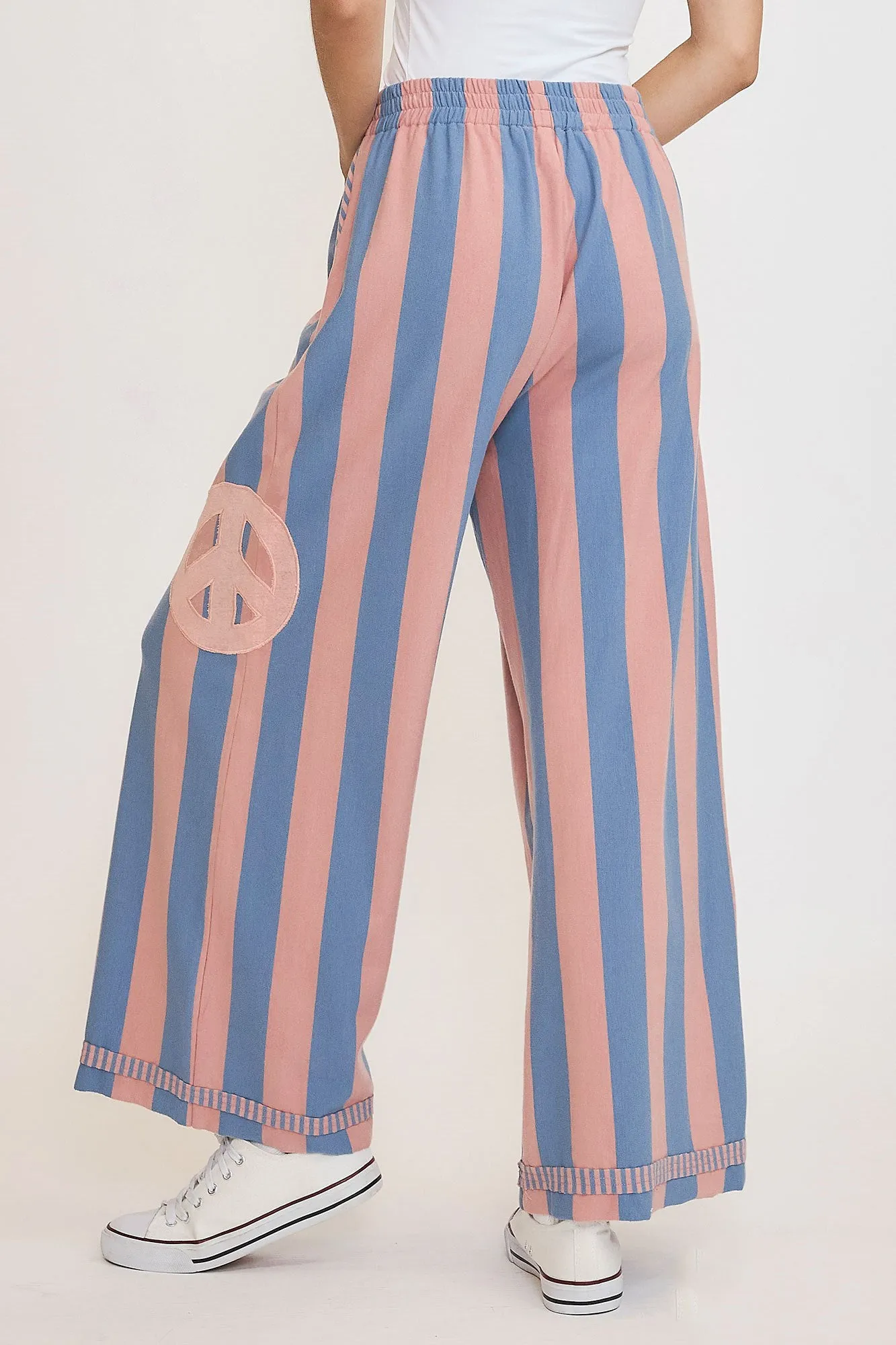 Dusty Blue Peace Sign Patch Striped Wide Leg Pants