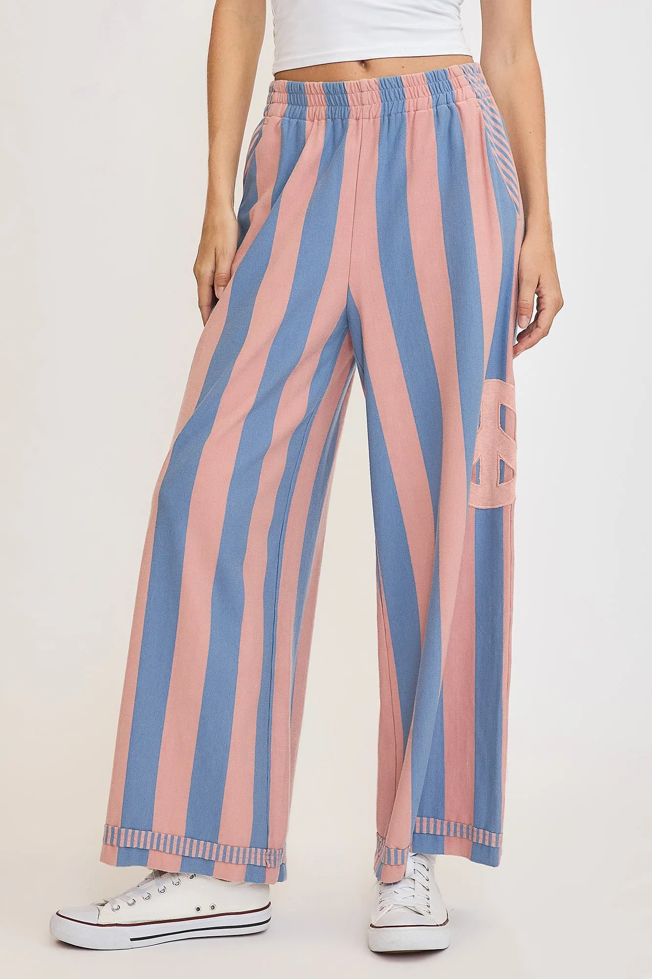 Dusty Blue Peace Sign Patch Striped Wide Leg Pants
