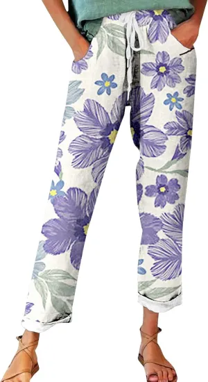 Flowy Linen Pants Summer Wide Leg Pants Drawstring Elastic Waist Pants High Waisted Pants Casual Beach Trousers Boho
