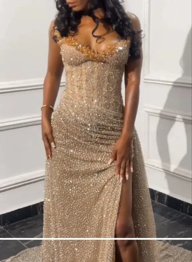 Luolandi Sexy Off Shoulder Formal Wear Dress Strapless Champagne Sequin Long Prom Dress Charming Evening Party Gown With Slit