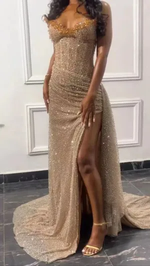 Luolandi Sexy Off Shoulder Formal Wear Dress Strapless Champagne Sequin Long Prom Dress Charming Evening Party Gown With Slit