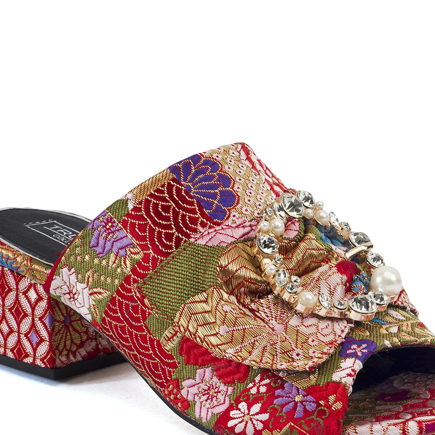 Red Floral Brooche Low Heel Mule