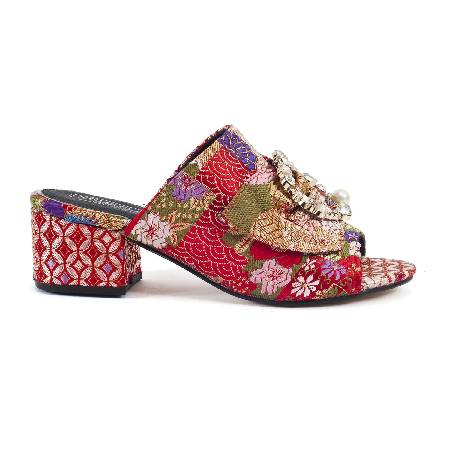 Red Floral Brooche Low Heel Mule