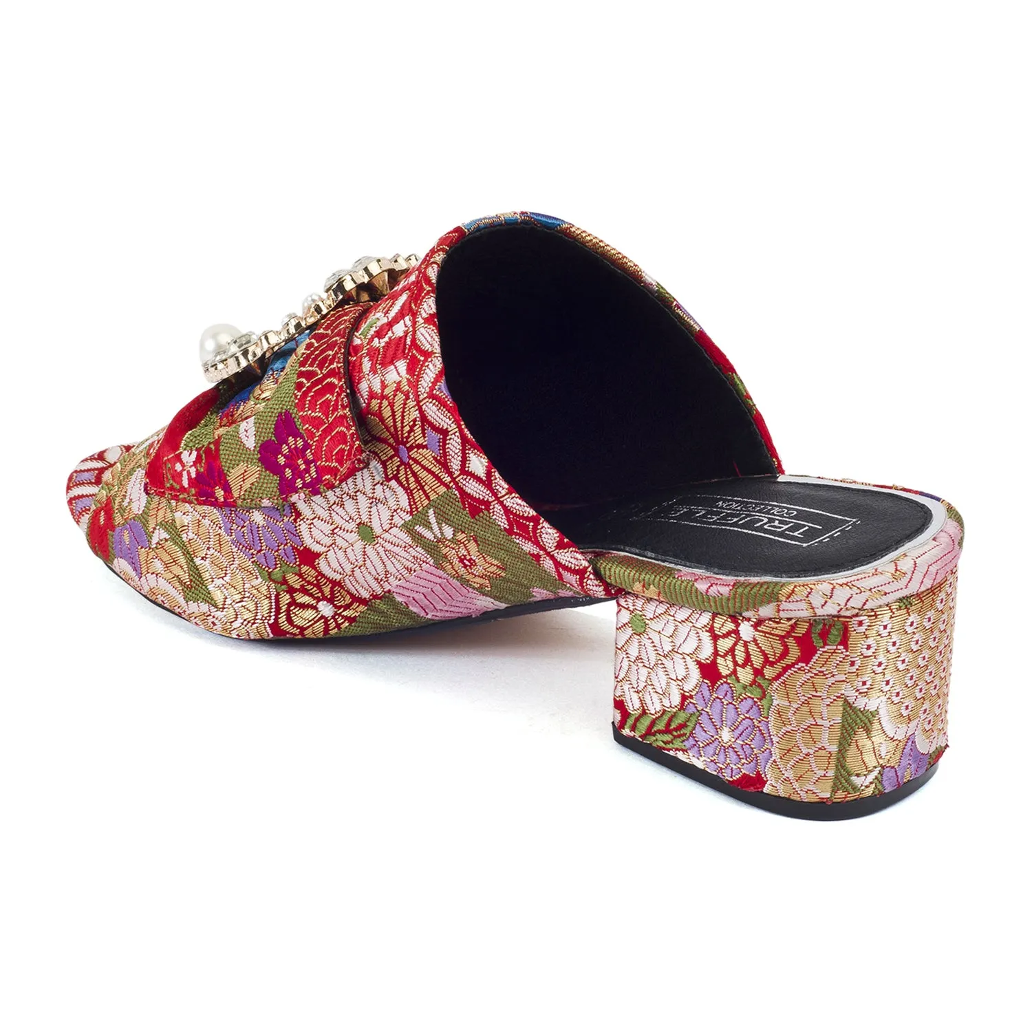 Red Floral Brooche Low Heel Mule