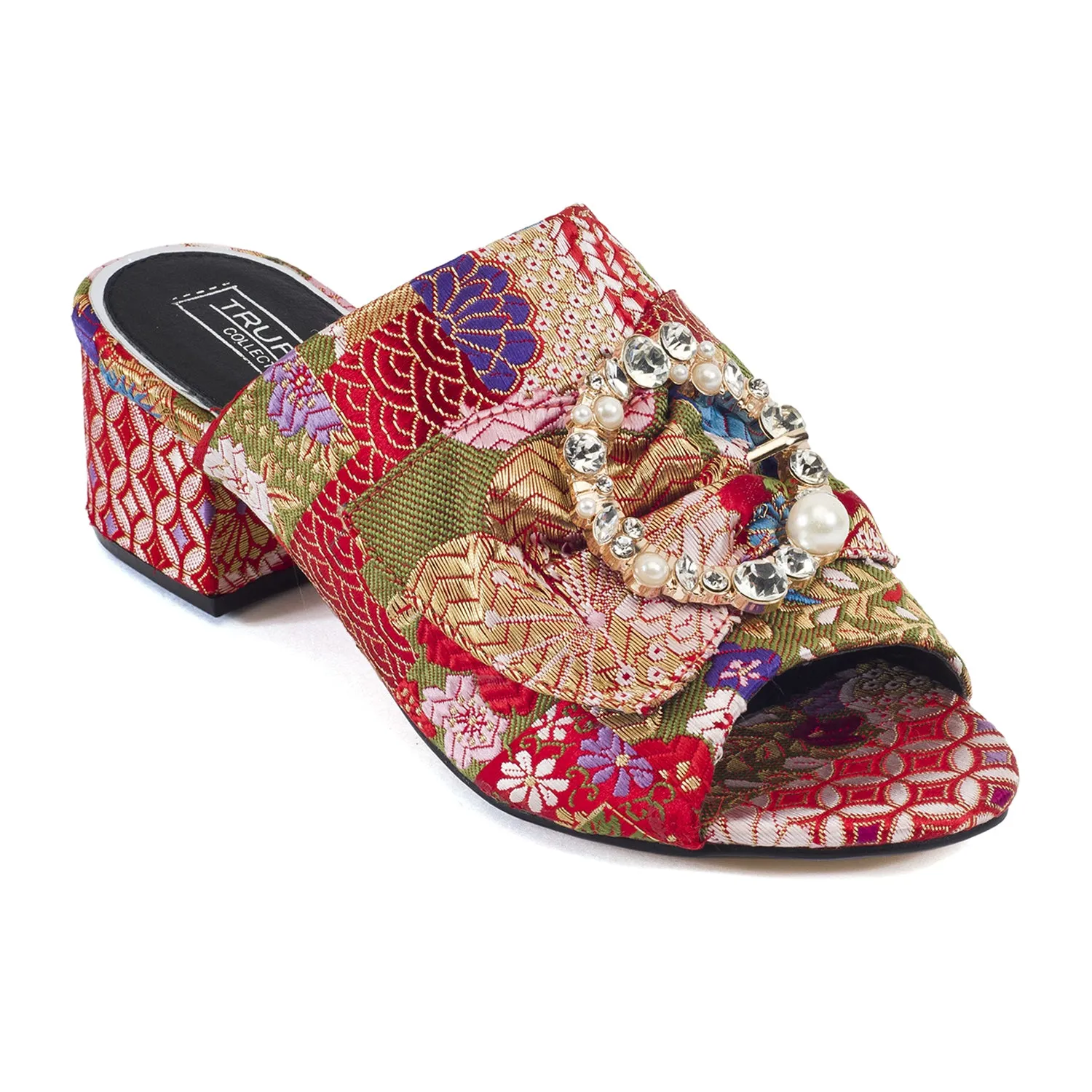Red Floral Brooche Low Heel Mule
