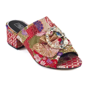 Red Floral Brooche Low Heel Mule