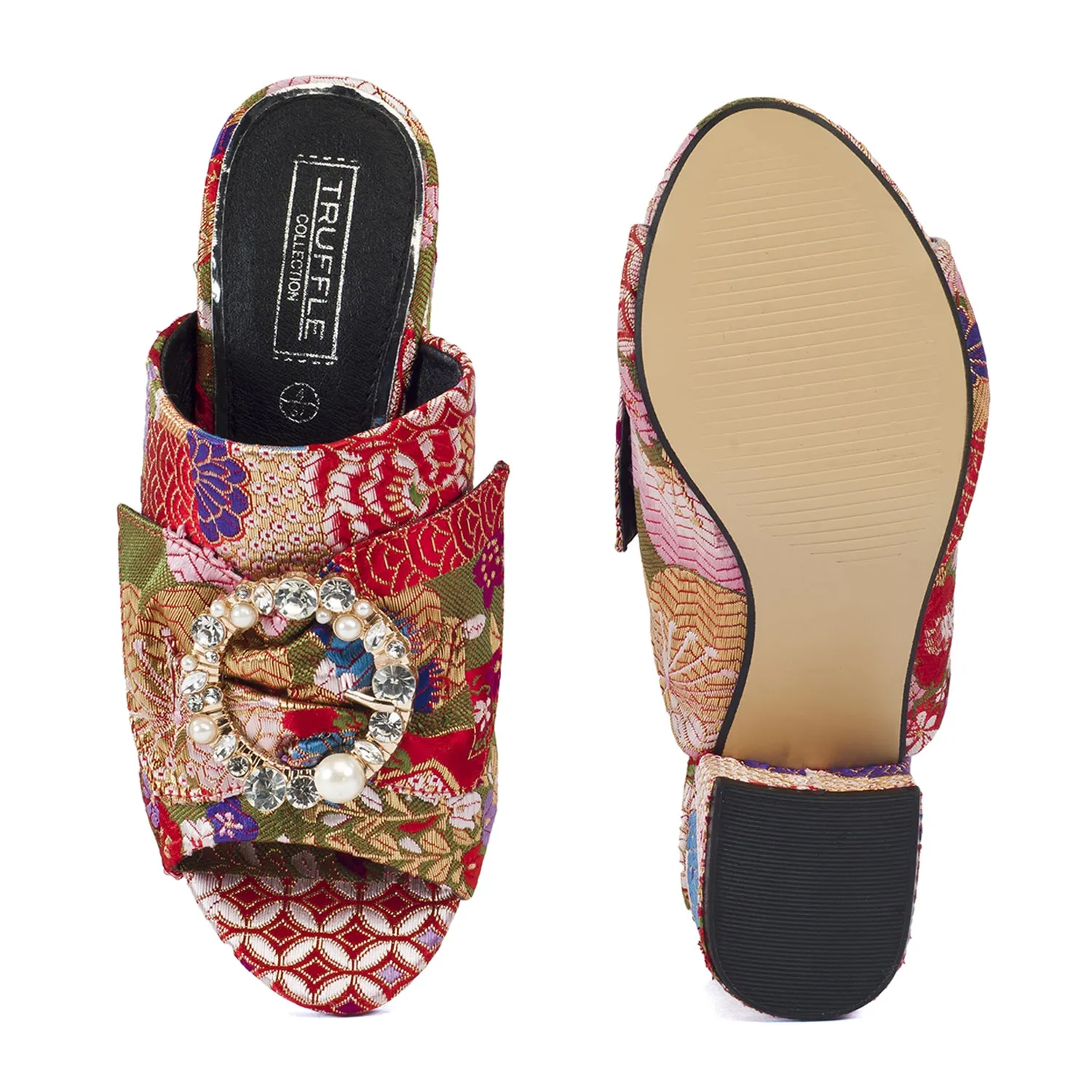 Red Floral Brooche Low Heel Mule