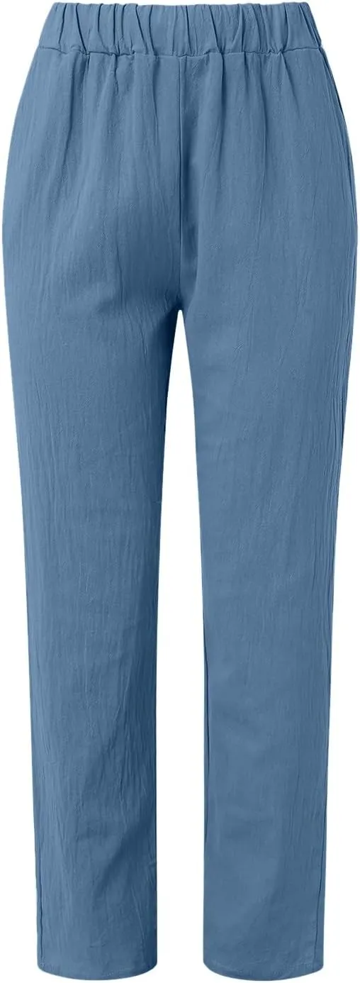 Striped Linen Pants Women Summer Crop Causal Pants Button Side Elastic Waist Straight Leg Pants with Pockets Beach Trousers