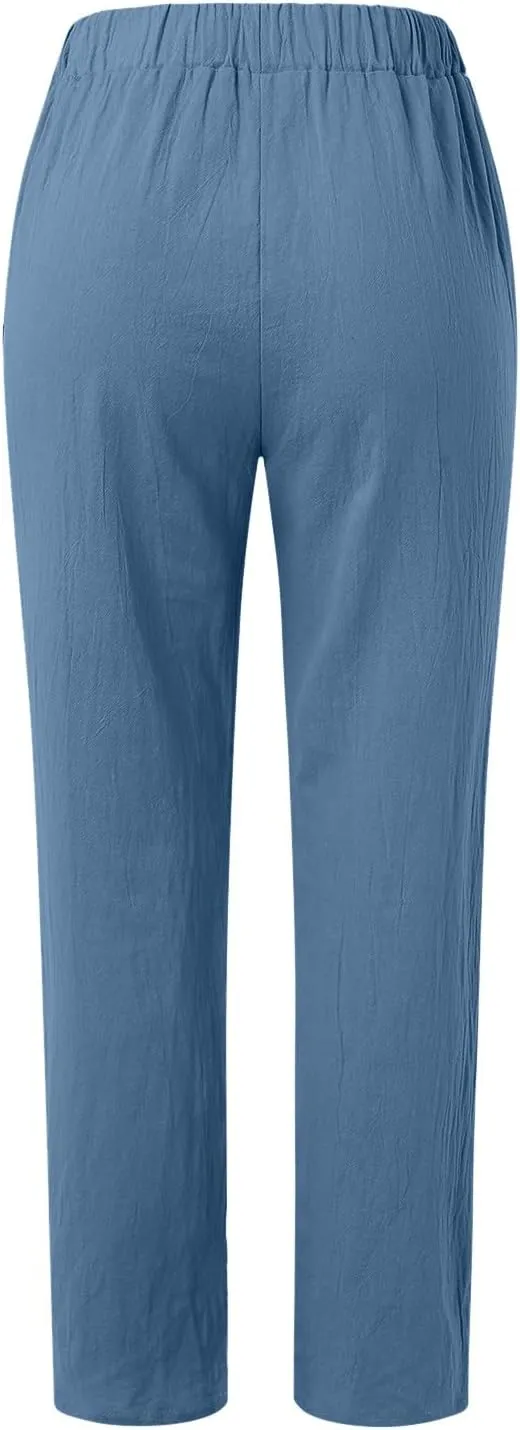 Striped Linen Pants Women Summer Crop Causal Pants Button Side Elastic Waist Straight Leg Pants with Pockets Beach Trousers