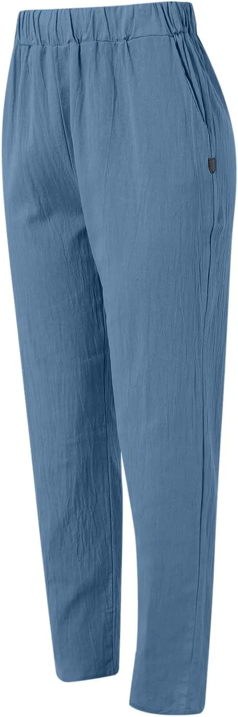Striped Linen Pants Women Summer Crop Causal Pants Button Side Elastic Waist Straight Leg Pants with Pockets Beach Trousers