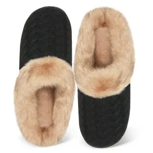 WateLves Slippers for Women Memory Foam Knitted Fur Collar House Shoes Anti-Skid Sole for Indoor & Outdoor (Black, 38/39)