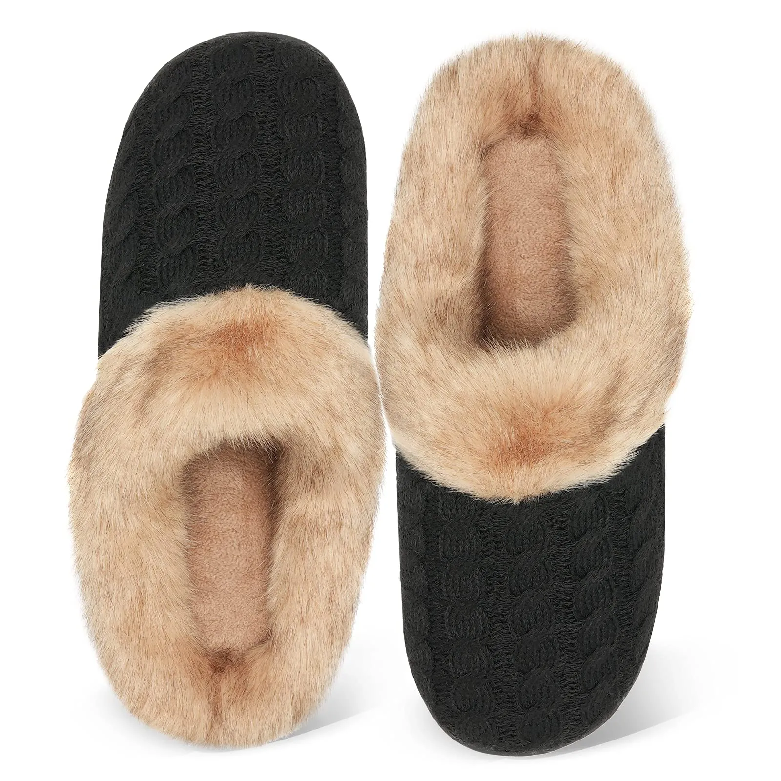 WateLves Slippers for Women Memory Foam Knitted Fur Collar House Shoes Anti-Skid Sole for Indoor & Outdoor (Black, 38/39)