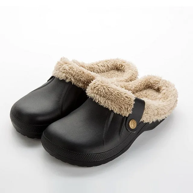Waterproof Slippers Women Men Fur Lined Clogs Winter Warm Garden Shoes Plush Home House Slippers Anti-Skid Indoor Outdoor Mules