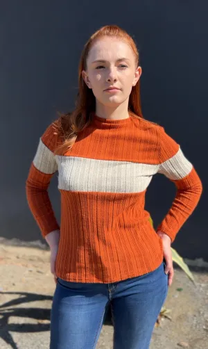 Women's Color Block Crew Neck Long Sleeve Shirt – Casual Ribbed Knit Top in Orange