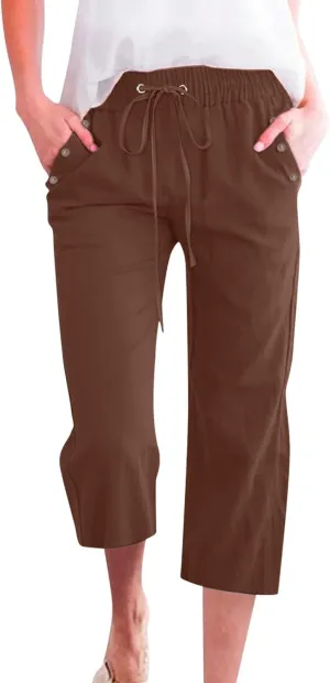 Women's Linen Pants Color Trouser Pant Cotton Blend Drawstring Elastic High Waist Adjustable Knot Loose Casual