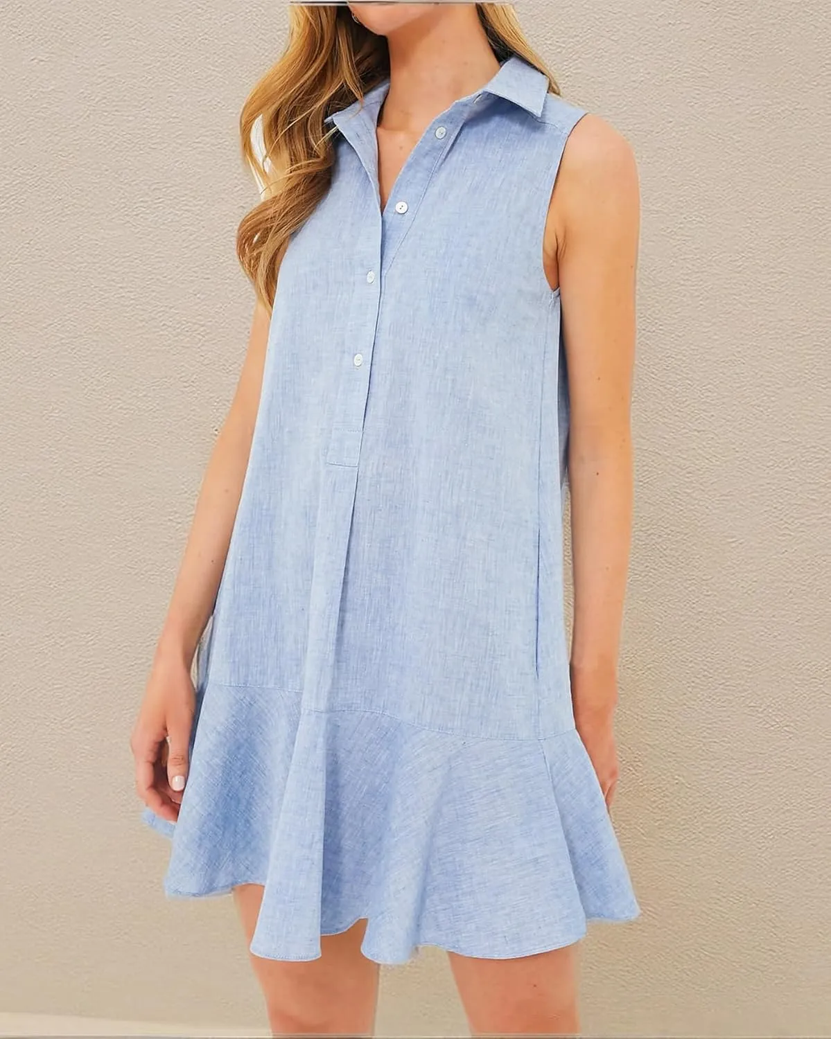 Womens Sleeveless Shirt Dress Ruffle Hem Cotton Tunic Tank Dress Button Up Swing Shift Mini Dresses
