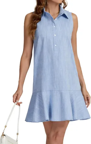 Womens Sleeveless Shirt Dress Ruffle Hem Cotton Tunic Tank Dress Button Up Swing Shift Mini Dresses