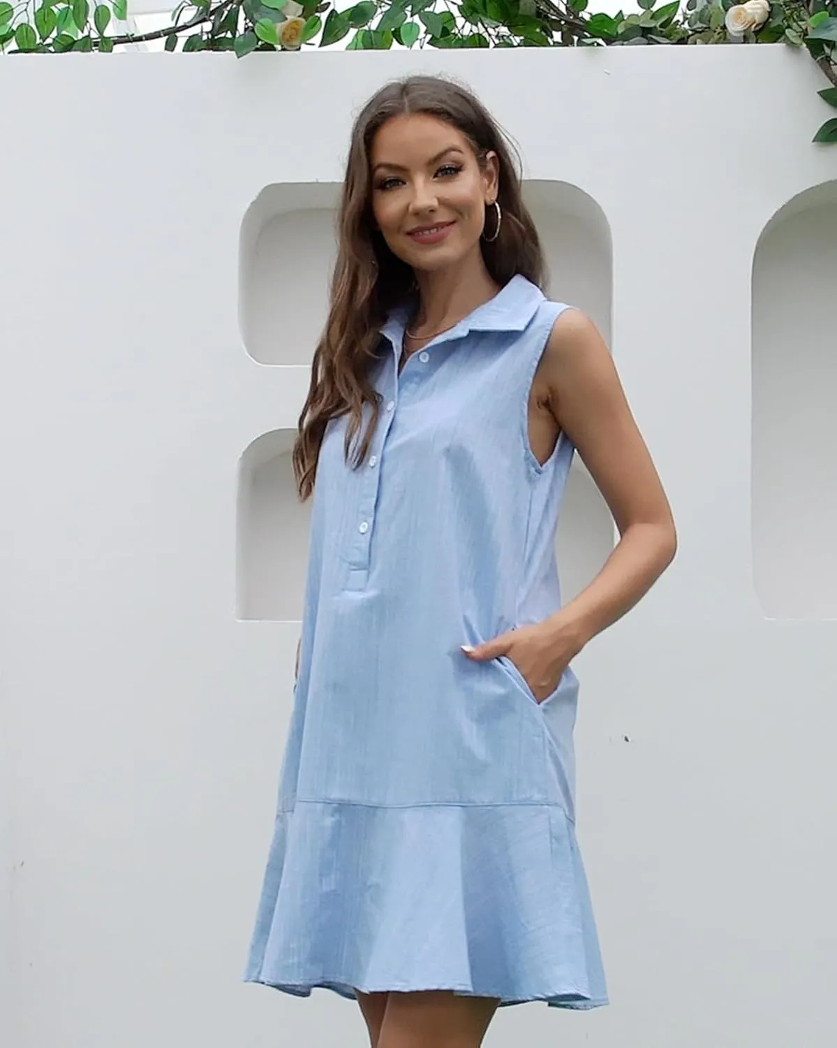 Womens Sleeveless Shirt Dress Ruffle Hem Cotton Tunic Tank Dress Button Up Swing Shift Mini Dresses