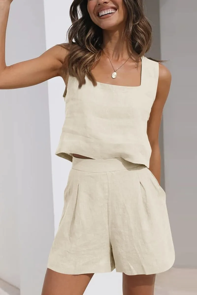Womens Two-Piece Set  Linen Blend  Cropped Sleeveless Top  High Waist Pleated Shorts