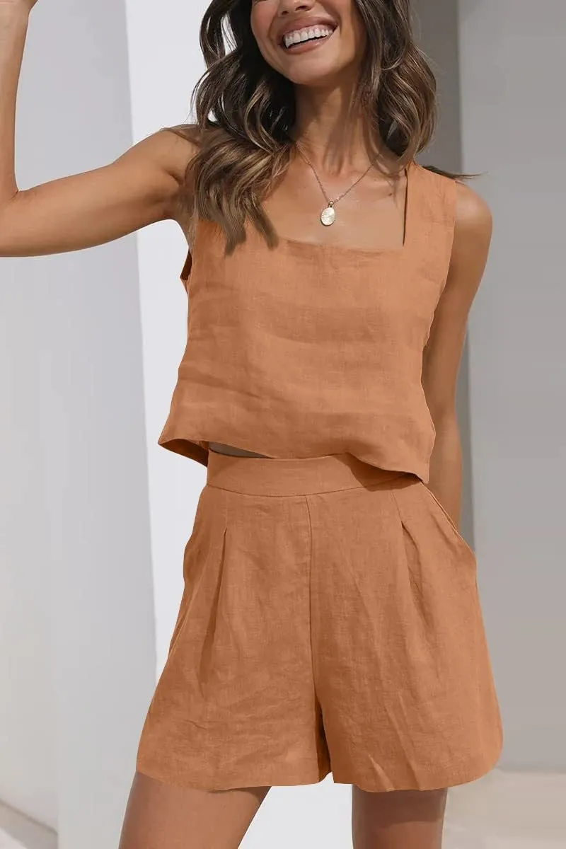 Womens Two-Piece Set  Linen Blend  Cropped Sleeveless Top  High Waist Pleated Shorts