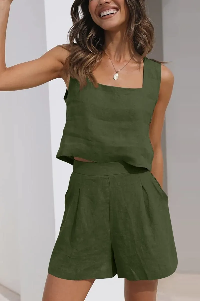 Womens Two-Piece Set  Linen Blend  Cropped Sleeveless Top  High Waist Pleated Shorts